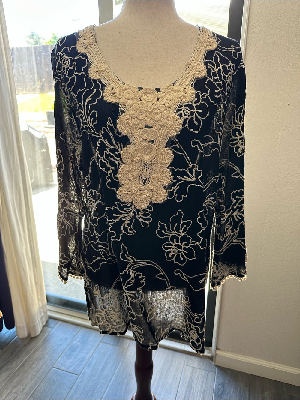 Black Lace Floral Tunic with Cream Crochet Trim